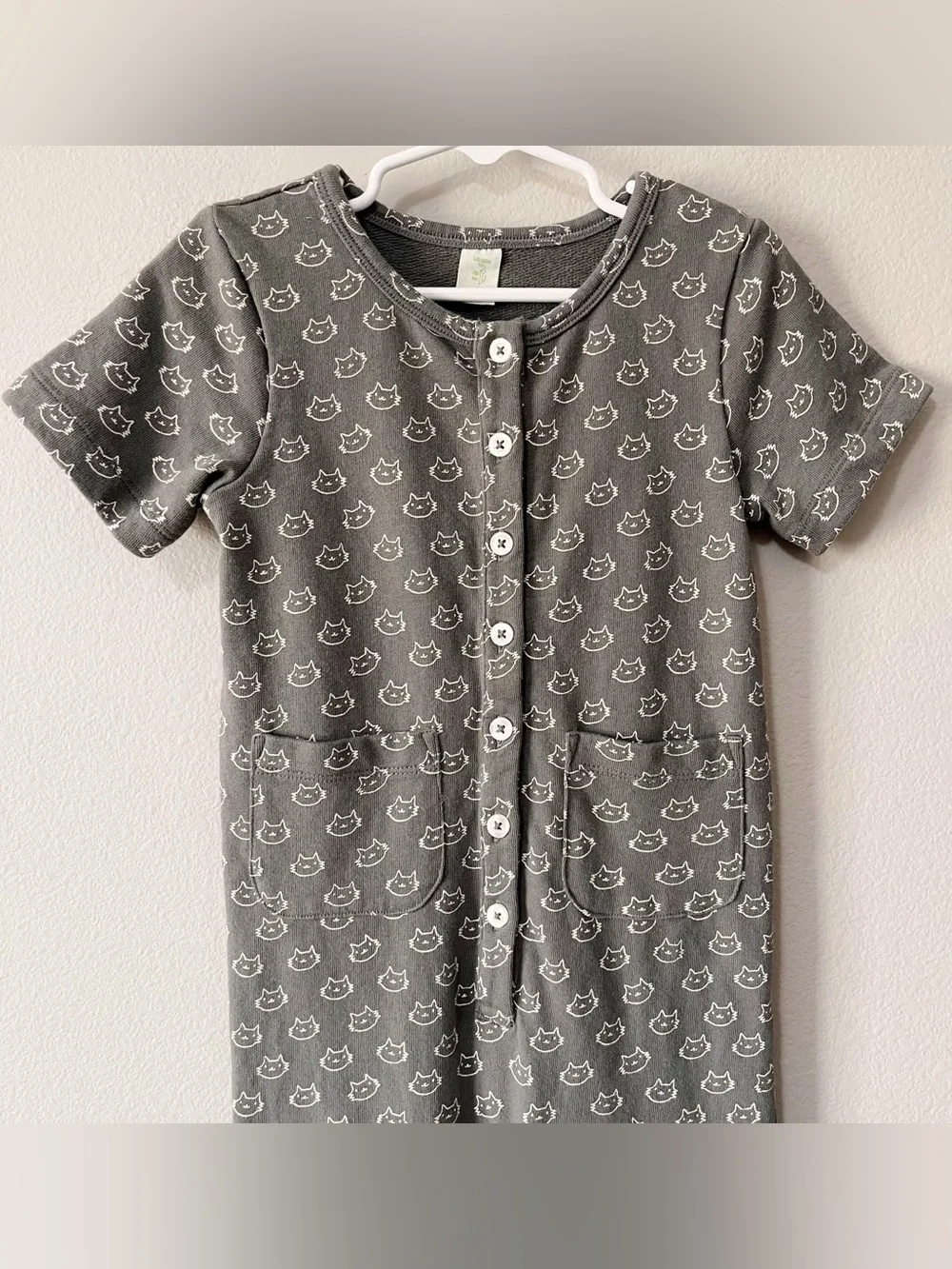 Kate Quinn Gray Cat Print Short Sleeve One Piece Cotton Jumpsuit Unisex Size 2T